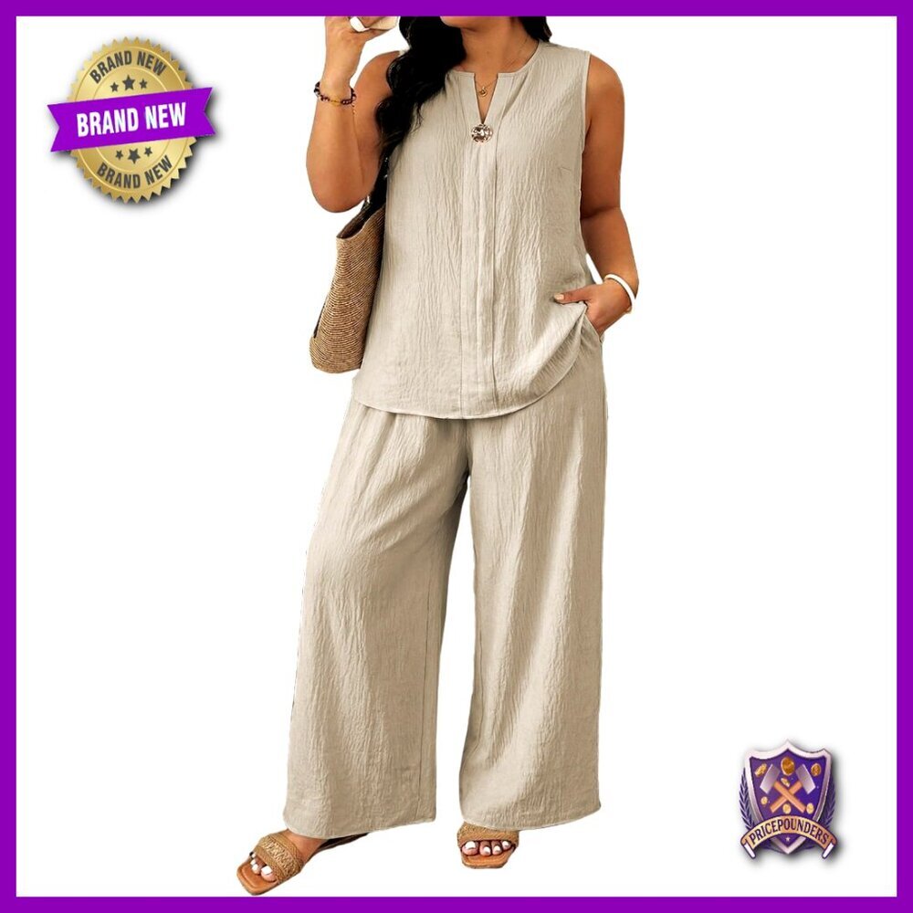 Plus Size Sleeveless Top Wide Leg Pants Matching Set Lightweight Polyester